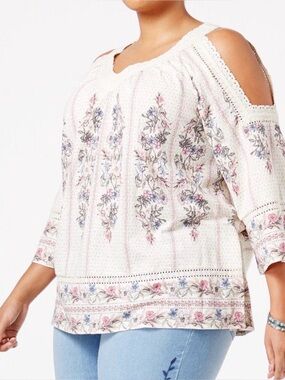 Style & Co Cream Floral Cold Shoulder Boho Peasant Top XL Crochet Trim